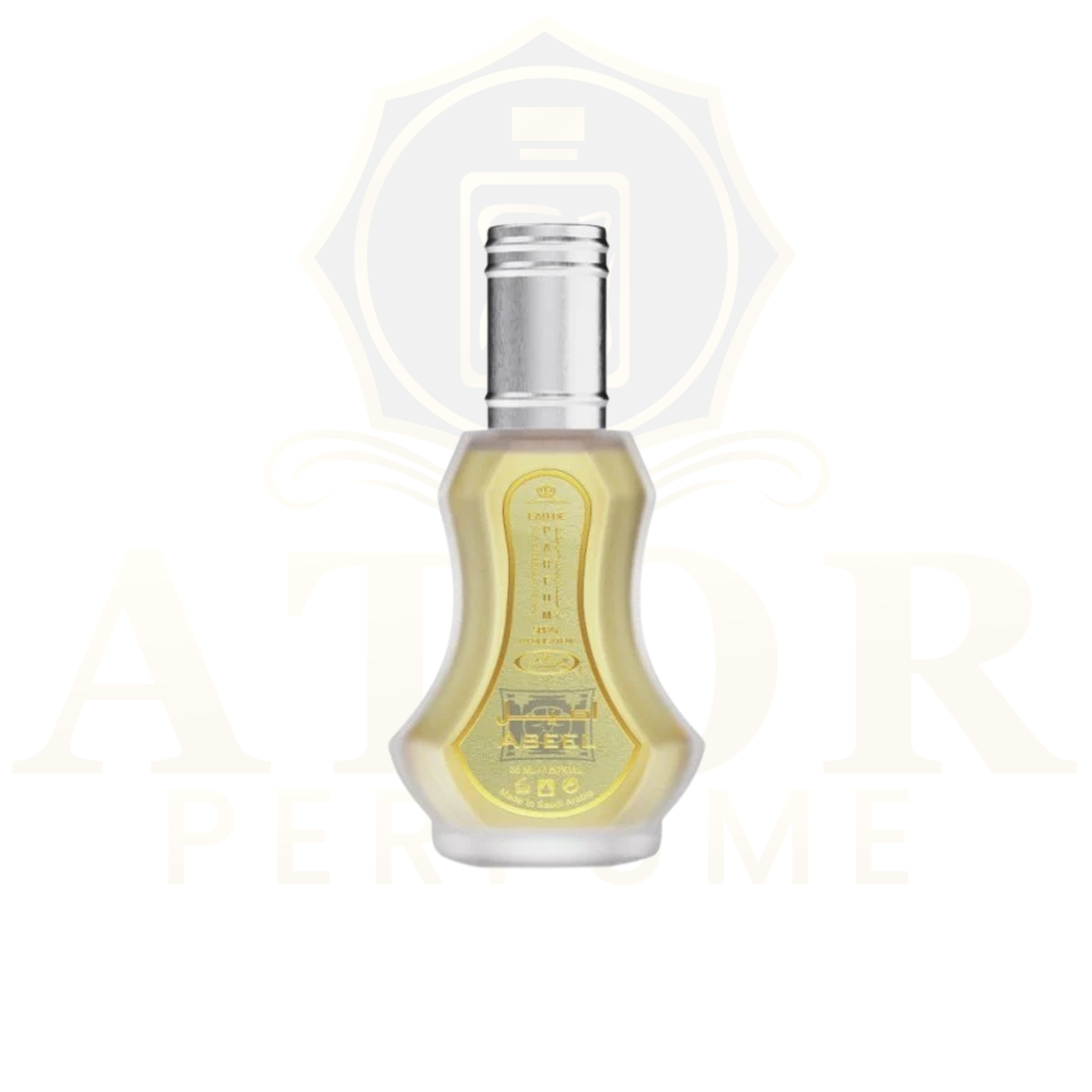 Perfume bottle with a silver cap on a white background