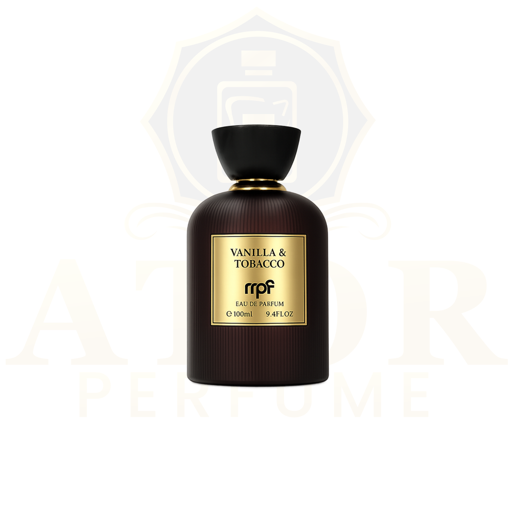 A dark brown bottle of mpf Vanilla & Tobacco Eau de Parfum with a black cap and a gold label, centered on a white background with a faint watermark.