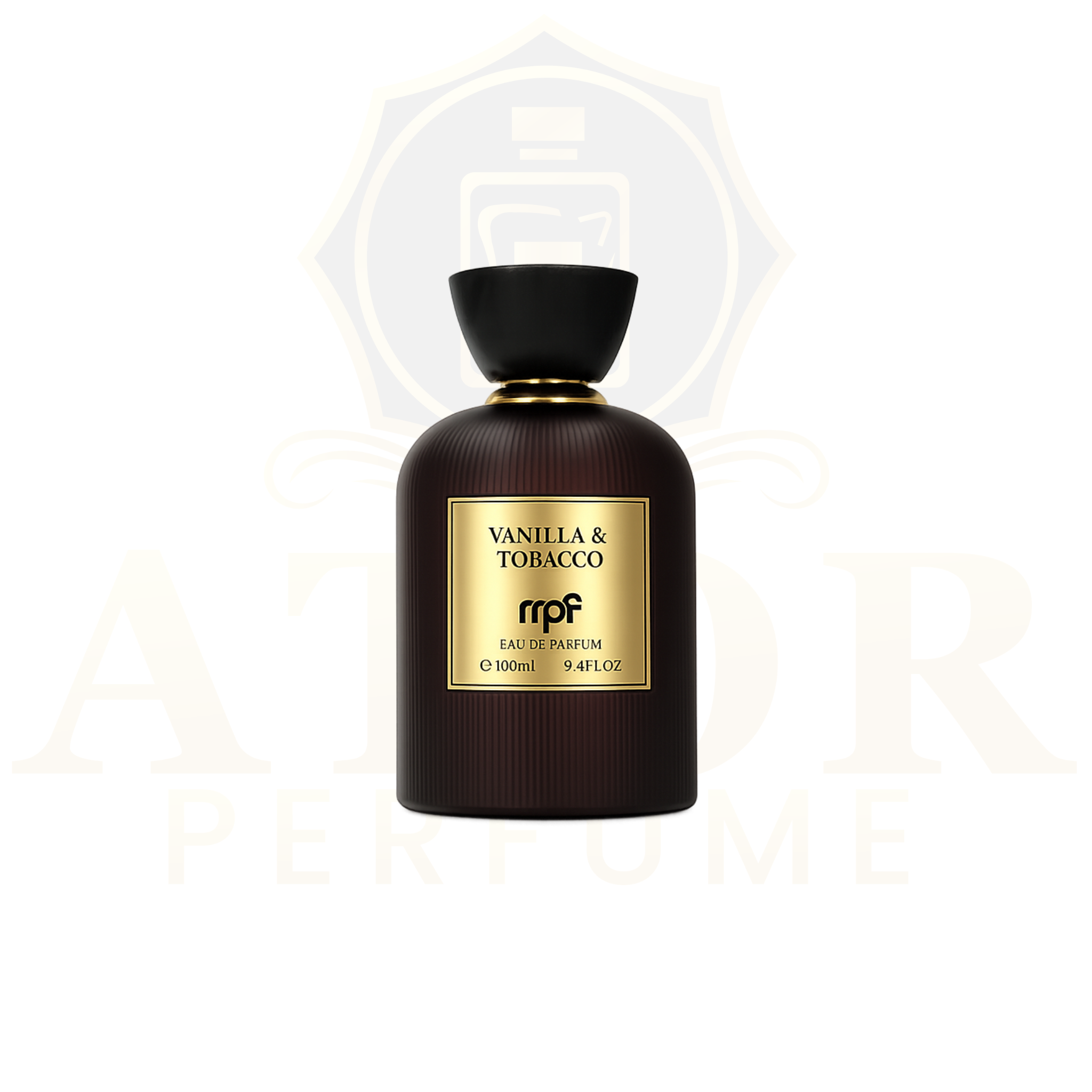 A dark brown bottle of mpf Vanilla & Tobacco Eau de Parfum with a black cap and a gold label, centered on a white background with a faint watermark.