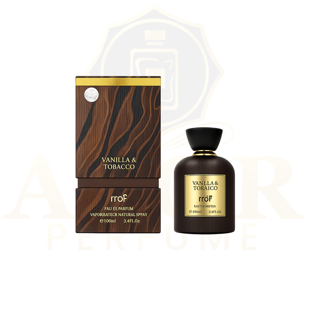 RroF Vanilla & Tobacco Eau de Parfum bottle and its matching box, both featuring a dark brown wood-grain pattern with gold lettering and trim, set against a white background with a faint watermark.