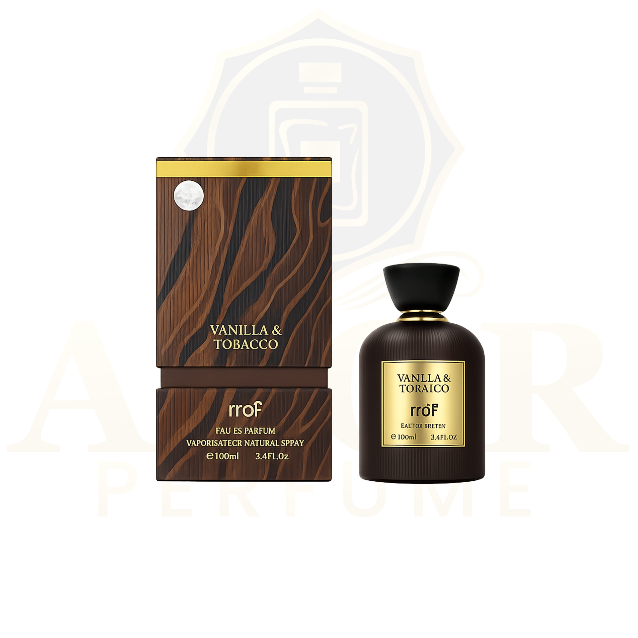 RroF Vanilla & Tobacco Eau de Parfum bottle and its matching box, both featuring a dark brown wood-grain pattern with gold lettering and trim, set against a white background with a faint watermark.