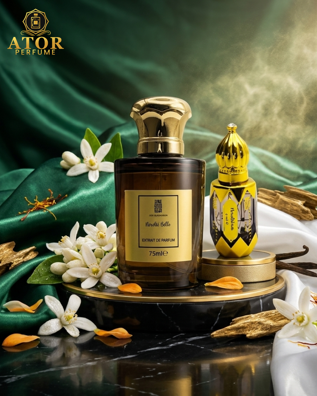 Perfume bottle with gold cap and decorative elements on a dark surface