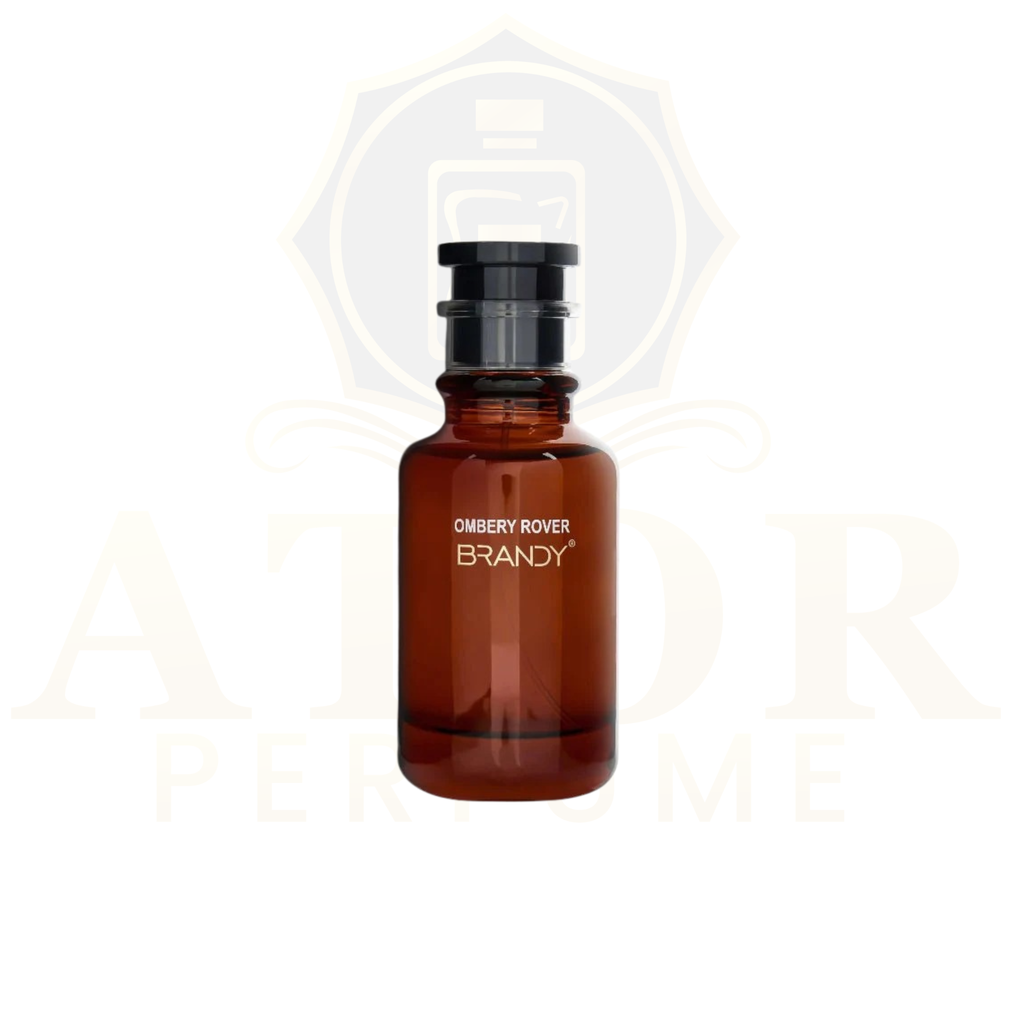 Brown bottle labeled 'Ombrey Rover Brandy' on a white background