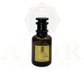 Brown perfume bottle with black cap on a white background