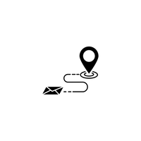 Map icon with a route and envelope symbol on a white background