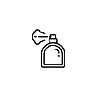 Black line drawing of a perfume bottle with a spray action on a white background